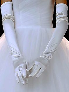 Beige Basics,Elegant,Glamorous,Romantic Collar  Satin Plain Full Finger Gloves Embellished   Wedding & Event White Gloves Aesthetic, White Gloves Wedding, Wedding Dress With Gloves, Princess Gloves, Long White Gloves, Prom Gloves, Bride Gloves, Fancy Gloves, Silk Gloves