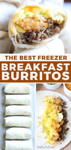 the best freezer breakfast burritos are on display in this collage with text overlay