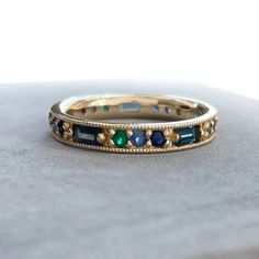 Blue Green Sapphire Wedding Band in 14k Yellow Gold with Sapphires & Emeralds Unique Sapphire Rings, Emerald Eternity Band, Gold Eternity Band, Emerald Wedding Band, Sapphire Wedding Band, Blue Green Sapphires, Agate Engagement Ring, Round Sapphire, Cushion Cut Engagement Ring