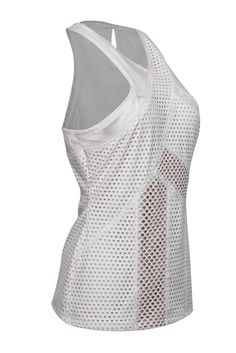 Grab this edgy layer today before it's gone! Made with perforated material and sheer mesh, this is a truly eye-catching tank from BCBG that you'll want to wear with all your favorite moto jackets, cardigans and jeans! Size M No fabric content information, most likely a cotton blend Fitted silhouette Crisscross neckline Mesh accents and perforated design Open mesh back with button closure Waist 32" Total length 26" Stretch Mesh Top With Hollow Out Detail, White Mesh Sleeveless Tank Top, White Fitted Sleeveless Mesh Top, White Stretch Sleeveless Mesh Top, White Mesh Racerback Top, White Sleeveless Mesh Top, Stretch Hollow Out Mesh Top For Summer, Sleeveless Mesh Top For Spring, Stretch Mesh Top With Hollow Out For Summer