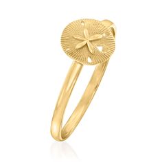 Ross-Simons - 10kt Yellow Gold Sand Dollar Ring Size 9. Canaria fine jewelry. Perfect for everyday wear, these genuine 10kt gold wardrobe essentials are fashionable, fun and designed to last a lifetime. Strong and durable, our collection of gold classics is always a great value. This handcrafted 10kt yellow gold sand dollar ring adds a beachy vibe to your style. Textured and polished finishes. 1/4" wide. 10kt yellow gold sand dollar ring. Gold Wardrobe, Seashell Ring, Gold Sand, Sand Dollar, Girly Jewelry, Ring Size 7, Free Jewelry, Wardrobe Essentials, Sea Shells