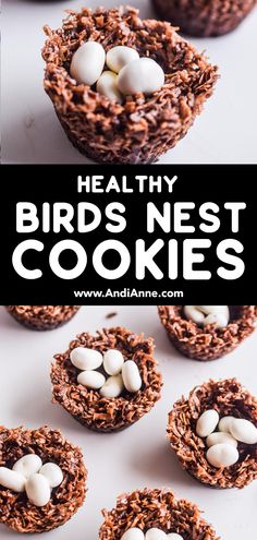 birds nest cookies with marshmallows in the middle and text overlay reading healthy birds nest cookies