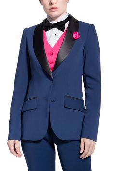 Captivate your audience past the midnight hour in a regal and richly divine royal navy blue. Blue Tuxedo Style Evening Outerwear, Blue Winter Evening Suits, Winter Evening Blue Suits, Royal Blue Formal Outerwear, Blue Formal Outerwear In Luxurious Style, Royal Fitted Fall Outerwear, Classic Blue Outerwear For Party, Classic Blue Party Outerwear, Royal Fitted Winter Outerwear