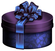 a purple gift box with a blue ribbon and bow