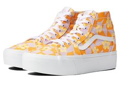 Vans SK8-Hi Tapered Stackform - Shoes : Checkerboard Floral Orange/Purple : Add fun-printed Vans SK8-Hi Tapered Stackform footwear to your collection for more casual styling. Canvas upper. Textile lining. Cushioned textile insole. Round toe. Lace-up closure. Crew height. High platform. Synthetic outsole. Imported. Measurements: Heel Height: 1 1 2 in Weight: 1 lb 4 oz Platform Height: 1 1 2 in Product measurements were taken using size Men's 9, Women's 10.5, width Medium. Please note that measure Casual Synthetic Sneakers With Graphic Print, Casual Sneakers With Graphic Print For Spring, Vans Casual Sneakers With Graphic Print, Vans Sneakers With Vulcanized Sole For Spring, Vans Sneakers With Rubber Sole For Spring, Orange Cushioned Sneakers For Spring, Spring Orange Cushioned Sneakers, Yellow High-top Sneakers With Vulcanized Sole For Spring, Textile High-top Sneakers For Spring