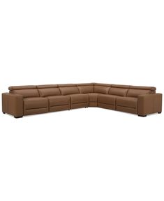 a brown leather sectional sofa with two reclinings and one end facing the camera