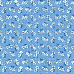 a blue background with white flowers and dots in the shape of hearts on it's sides