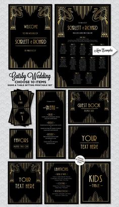 a set of black and gold wedding stationery with an art deco design on it