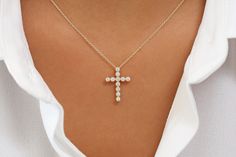 "Cross Necklace / Diamond Cross / 14k Gold Diamond Cross Pendant / Diamond Cross / Religious Necklace / Gold Cross Necklace / Birthday Gift Item Details * Made to Order. * Gold Kt: 14K * Choice of Gold Color: Rose Gold, Yellow Gold, White Gold * Round Diamond: 1.6 MM * Total Number of Stones: 11 * Total CTW: 20 ctw * Diamond Color Clarity: G Color SI Clarity * Setting Type: Bezel * Ready to Ship in 7-10 Business Days If you have any additional questions about this ring, just hit the \"Ask a Ques