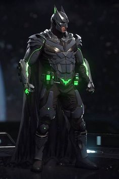 a man dressed as batman standing in front of a car with green lights on it