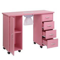 a pink desk with drawers and a white bag on top