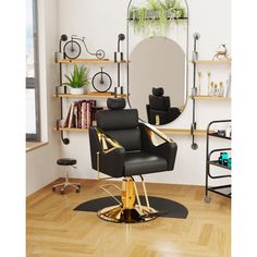 a black chair sitting in front of a mirror on top of a hard wood floor