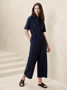 Tie-Waist Jumpsuit | Banana Republic Factory Tie Waist Jumpsuit, Uniform Fashion, Leg Cuffs, Banana Republic Factory, Casual Jumpsuit, Satin Midi Dress, Long Shorts, Vacation Outfits, New Wardrobe