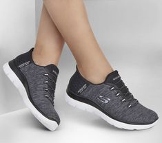 Pick up the pace with increased ease-of-wear and superior comfort wearing Skechers Slip-ins Summits - Dazzling Haze. Designed with our exclusive Heel Pillow , this vegan style features a soft heathered jersey knit upper with fixed stretch laces and a cushioned Skechers Air-Cooled Memory Foam comfort insole. | Skechers Women's Slip-ins: Summits - Dazzling Haze Sneaker | Medium Width | Skechers Hands Free Slip-ins for an easy fit | Exclusive Heel Pillow holds your foot securely in place | Skechers Vegan Style, Georgia Boots, Mens Skechers, Athleisure Casual, Mens Uggs, Clarks Women's, Timberlands Women, Vegan Fashion, Snow Boots Women