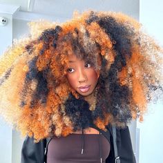 A woman with a curly color blocked afro with orange, black and blonde pops. Henna Dyed Hair Black Women, Calico Hair Black Women, Calico Hair Color Curly, Dyed Hair 4c, Calico Braids, Calico Hair On Curly Hair, Calico Curly Hair, Calico Hair Curly, Curly Calico Hair