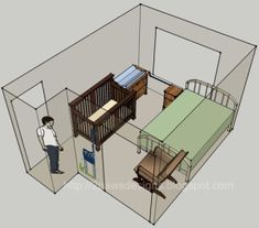 a drawing of a bedroom with a bed and desk