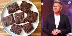 a man standing next to a plate of brownies