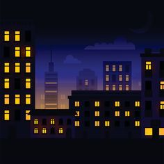 night cityscape with skyscrapers and windows lit up