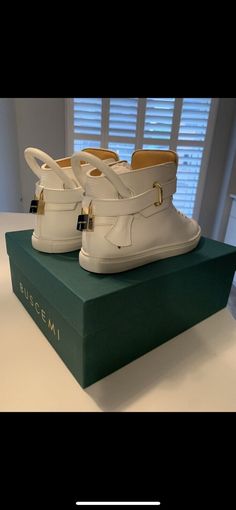 BUSCEMI 100MM White/Gold Sz44 Sneakers BNIB Leather Made in Italy HiTop $954 | eBay Luxury High-top Custom Sneakers With White Sole, Luxury Custom Low-top Calf Leather Sneakers, Luxury Custom Sneakers With Leather Sole For Streetwear, Luxury White Calf Leather High-top Sneakers, Luxury Custom Sneakers For Streetwear, Luxury Calf Leather Sneakers, Luxury Low-top Custom Sneakers, Luxury Leather High-top Sneakers With Leather Sole, Luxury Custom Low-top Sneakers