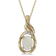 Oval Opal & Diamond Pendant Necklace 14k Yellow Gold (0.55ctw) Necklace Extender, Birthstone Pendant, Yellow Gold Chain, Yellow Gold Pendants, 925 Silver Jewelry, Diamond Pendant Necklace, Gold Pendant Necklace, Rope Chain, Diamond Gemstone