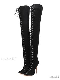 Lasaky - Womens Nubuck Thigh High Boots with Lace Up Design, Peep Toe, Stiletto Heel - Over The Knee Stylish Footwear Fitted High Heel Lace-up Winter Boots, Fitted High Heel Lace-up Boots For Winter, Chic Fitted Knee-high Lace-up Boots, Fitted Lace-up Knee-high Boots For Winter, Elegant Fitted Knee-high Lace-up Boots, Fitted Thigh-high Lace-up Boots, Chic Fitted Lace-up Knee-high Boots, Fitted Lace-up Boots For Winter Parties, Fitted Winter Lace-up Boots For Parties