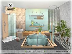 a bathroom with a tub, sink and shower in it's center area is shown