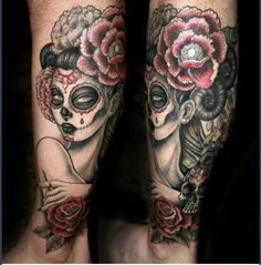 two people with tattoos on their legs, one is wearing flowers and the other has a skull