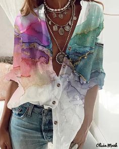 Olivia Mark - Marble Print Button-Down Long Sleeve Shirt Casual Work Attire, Patchwork Shirt, Shirts Women Fashion, Button Down, Loose Outfit, Marble Print, Vanuatu, Womens Long Sleeve Shirts, Tonga