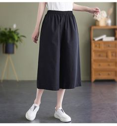 Sku CY-!120742 Material Cotton Style Casual Feature Solid Color Neckline / Occasion Going out , Casual , Vintage Seasons Spring, Summer, Autumn Type Pants Color Navy, Black, Coffee, White Size M, L, XL, 2XL Size Chart: Please consult the size chart we provide for this item's measurements to help you decide which size to buy. Please note: There may be 1-3cm differ due to manual measurement. CM Waist Hip Length M 62-118 120 73 L 65-122 124 74 XL 68-126 128 75 2XL 71-130 132 76 Black Elastic Waistband Culottes For Spring, Casual Black Cotton Culottes, Black Wide Leg Cotton Culottes, Black Cotton Casual Culottes, Black Cotton Wide Leg Culottes, Black Wide-leg Summer Capris, Black Wide Leg Relaxed Fit Capris, Black Relaxed Fit Wide Leg Capris, Black Relaxed Fit Capris For Summer