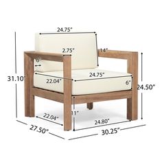 a wooden chair with measurements for the seat and armrests, including the width