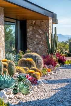 many different types of cactus in front of a house