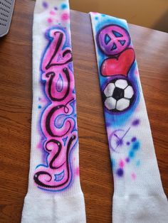 Cotton knee high socks airbrushed with your choice of colors, designs and name on each one. Great for camp, cheer, soccer, party favors, family photos... Unisex style - available in multiple sizes, please indicate YOUTH or ADULT SHOE SIZE with order XS - youth 6-12 Small - Youth 12 - 4 or Women's 4-7 Medium - Women's 8-10 or Men's 4-8 Large - Women's 11-12 or Men's 9-12 Extra Large - Men's 13-15 Includes care instructions Makes a great camp bunk gift, party favor or birthday gift. Bulk discounts Soccer Party Favors, Volleyball Socks, Camp Socks, Teen Socks, Socks Party, Girls Volleyball, Airbrush T Shirts, Fun Family Photos, Rainbow Socks