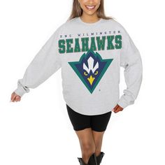 Cozy up on game day with this UNC Wilmington Seahawks Big Goals Relaxed Fit Sweatshirt from Gameday Couture. The lightweight French terry fabric provides a luxuriously soft feel, perfect for game day watch parties or casual outings. With its dropped shoulders and rounded droptail hem, this oversized sweatshirt offers a stylish and comfortable fit that's perfect for everyday wear. Uncw Seahawks, Unc Wilmington, Gameday Couture, Big Goals, Terry Fabric, French Terry Fabric, Workout Sweatshirt, Oversized Sweatshirt, Pullover Sweatshirt