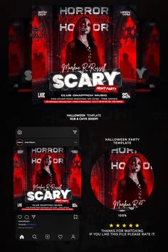 the horror movie poster is shown in three different colors and sizes, as well as an image