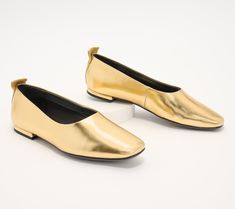 Take a bow in these classic ballet flats -- featuring a squared toe for a chic and modern finish. From Franco Sarto. Elegant Gold Almond Toe Ballet Flats, Elegant Gold Leather Ballet Flats, Spring Gold Pointed Toe Slip-on Flats, Gold Leather Slip-on Flats, Gold Leather Slip-on Ballet Flats, Franco Sarto, Ballet Flats, Fashion Shoes, Loafers