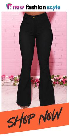 Black Fashion Daily Adult Solid Buttons Mid Waist Boot Cut Denim Non-stretch Casual Flare Jeans For Spring, Chic Non-stretch Jeans For Fall, Fall High Waist Solid Color Jeans, High Waist Solid Color Jeans For Fall, Solid Color High Waist Fall Jeans, Casual Stretch Solid Flare Jeans, Casual Stretch Solid Color Flare Jeans, Trendy Fitted Jeans In Solid Color, Black Casual Flare Jeans In Denim