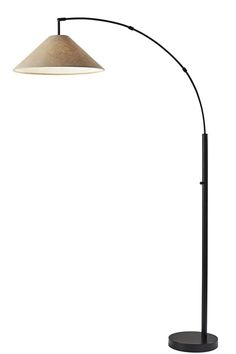 a black floor lamp with a white shade on it's head and an arm