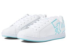 DC Court Graffik W - Women's Skate Shoes : White/White/Blue : A modern classic, the DC Court Graffik W casual shoes deliver with a clean silhouette and bold logo detail. Casual sneakers with heavy-duty suede, sturdy action nubuck, or soft and resilient action leather upper for abrasion-resistance and durability. Foam-padded tongue and collar for added comfort and support. Textile lining offers breathability. Internal elastic tongue holders for added foot stability. Rubber cupsole with iconic pil Streetwear Skate Shoes With Embossed Logo, Skate Shoes With Rubber Sole For Streetwear, Casual Skate Shoes For Streetwear, Casual Low-top Skate Shoes With Embossed Logo, Casual Lace-up Skate Shoes With Embossed Logo, Dc Shoes Women, Dc Court Graffik, Dc Sneakers, White Shoes Heels