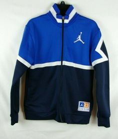 You are buying a Jordan multiple shades of blue long sleeve full zip sweatshirt jacket. This sweatshirt jacket is a boy's/ kid's size large 12- 13 years. It is 100% polyester.  Condition: Pre- owned/ used. Excellent condition, with no damage or stains. This sweatshirt jacket comes from a non- smoking and pet free home. If you have a question about any of our items, please contact us for further assistance. Fast Free Shipping within the USA. (We offer international shipping via eBay’s Global Ship Blue Casual Varsity Jacket For Sports Events, Blue Long Sleeve Varsity Jacket For Sports Season, Varsity Blue Track Jacket For Sports Events, Blue Varsity Track Jacket For Sports Events, Blue Varsity Jacket For Sports Events, Blue Long Sleeve Varsity Jacket For Sports Events, Throwback Long Sleeve Track Jacket For College, Casual Blue Outerwear For Sports Events, Blue Cotton Varsity Jacket For Sports Events