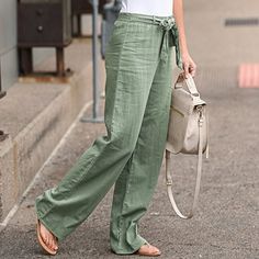 Women Pants Fashion Linen Cotton Solid Elastic Waist Trousers Female Plus Size Ankle-length Trousers Summer Casual Pants Elastic Waist Trousers, Casual Summer Pants, Boho Beach Dress, Cotton Linen Pants, Womens Camisoles, Women Office, Slim Trousers, Beach Maxi Dress, Womens Floral Dress