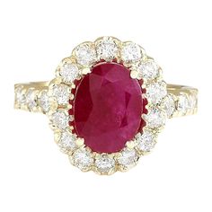 3.33 Carat Natural Ruby 14 Karat Yellow Gold Diamond Ring Stamped: 14K Yellow Gold Total Ring Weight: 5.7 Grams Total Natural Ruby Weight is 2.43 Carat (Measures: 9.00x7.00 mm) Color: Red Total Natural Diamond Weight is 0.90 Carat Color: F-G, Clarity: VS2-SI1 Face Measures: 14.20x12.20 mm Sku: [703334W] Yellow Gold Diamond Ring, Ruby Diamond Rings, Red Diamond, La Face, Gold Diamond Ring, Rings For Girls, Ruby Diamond, Pearl Diamond, 14k Gold Ring