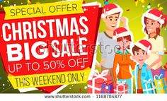 christmas big sale poster with family and presents