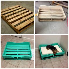 four pictures showing different types of pallet furniture and the same one with a dog in it