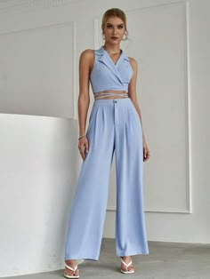 Blue Two Piece Outfit, Crop Top Pants Set, Trendy Summer Outfits, Top Pants Set, Cropped Tops, Todays Outfit, Sleeveless Crop Top, Casual Sets, Pant Set