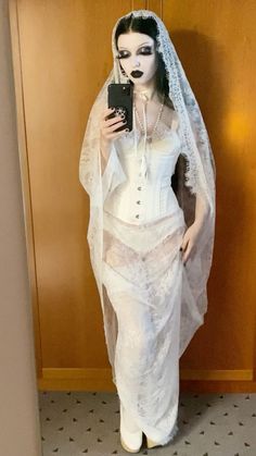 #goth #gothicstyle #gothfashion #wedding #gothbride #alternativefashion #alternativebride #alternativewedding #bridal #bride Wedding Dresses Gothic White, White Goth Fashion, All White Goth Outfit, White Vampire Outfit, Goth White Dress, White Vampire Aesthetic, White Goth Makeup, White Goth Dress, White Goth Outfit