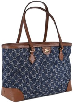 Gucci Style, Gucci Leather, Tote Purse, Blue Brown, Leather Trims, Blue Denim, Brown Leather, Zip Pockets, Dust Bag