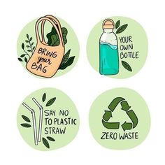 four stickers with different types of items in the shape of recyclables