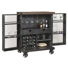 an entertainment center with wine glasses and bottles on it's shelves, against a white background