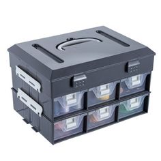 a black plastic storage box with four drawers