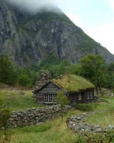 an old log cabin with grass on the roof and windows in front of a mountain